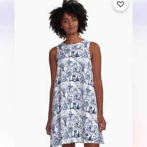 Joie Horse Toile Dress Envelope Cut Out Back Short Sleeveless Blue & White NWT
